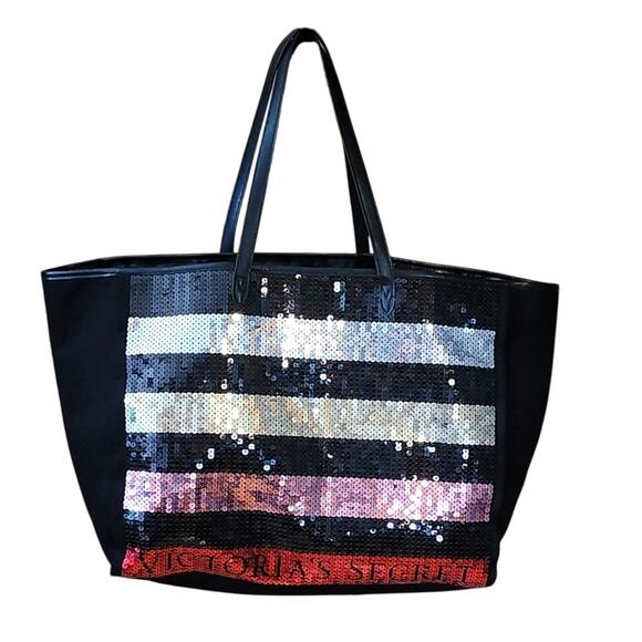 Victoria’s Secret Sequin Tote Bag Large Black Pink Red Silver Gold Carryall Gift - Picture 1 of 9